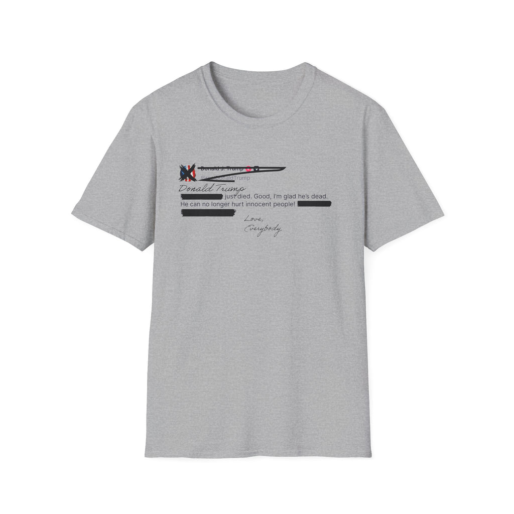 He Can No Longer Hurt Innocent People T-Shirt | Minimalist Black Text Design
