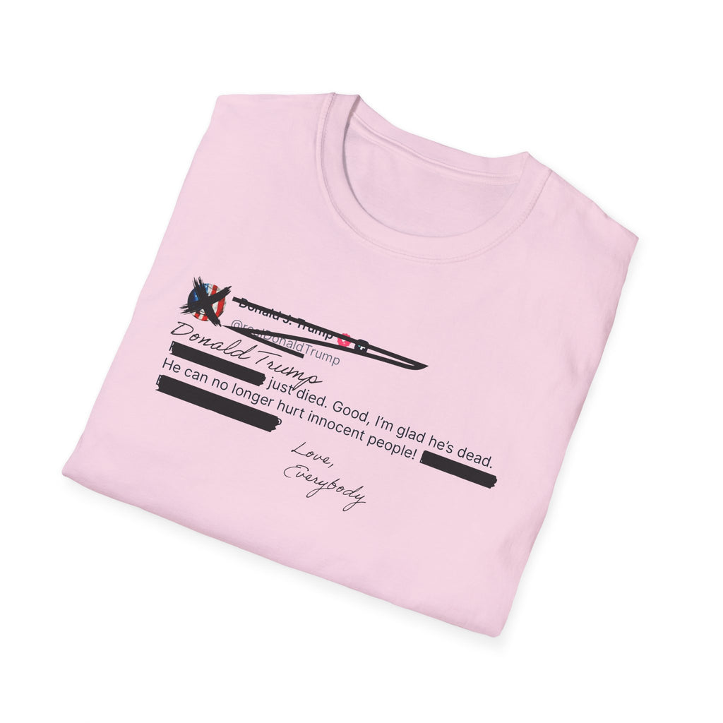 He Can No Longer Hurt Innocent People T-Shirt | Minimalist Black Text Design